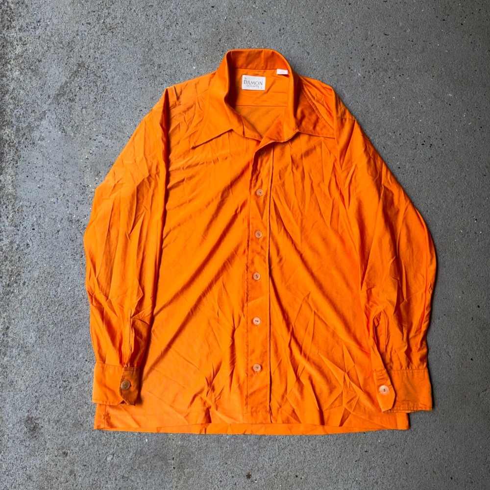 Vintage Damon Quilseta Orange Nylon Button Down Shirt Mens Large 70s Retro